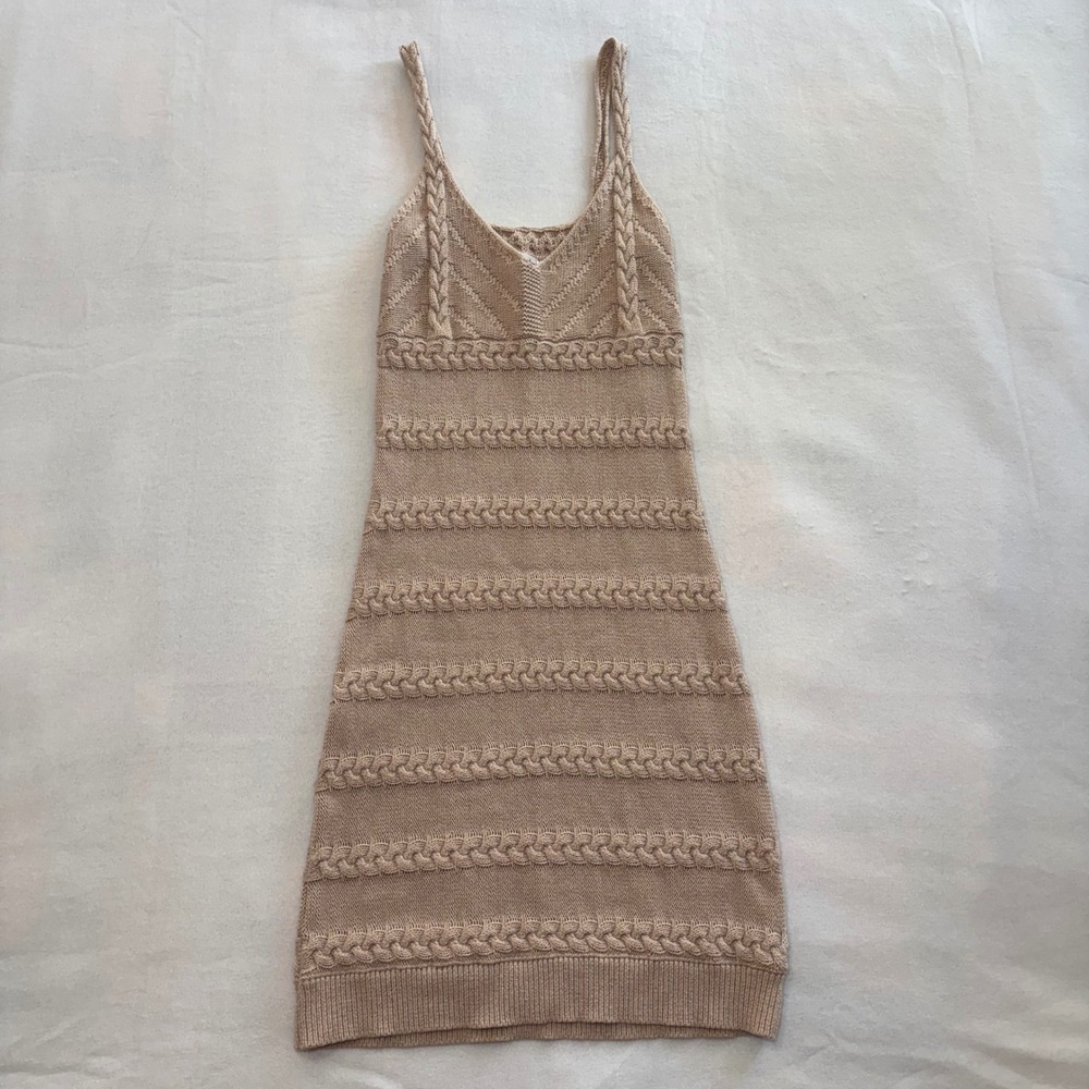Y2K Seven Wonders Tan Cable Knit Mini Dress 100% Cotton Womens Small Boho Fall